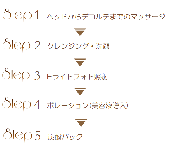 
Step1�@�w�b�h����f�R���e�܂ł̃}�b�T�[�W<br />
Step2�@�N�����W���O�E���<br/>
Step3�@E���C�g�t�H�g�Ǝ�<br />
Step4�@�|���[�V�����i���e�t�����j<br />
Step5�@�Y�_�p�b�N